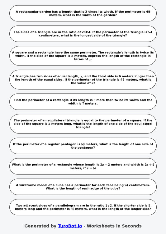 Year 8 Math Worksheet – Perimeter Problems with Algebra 2