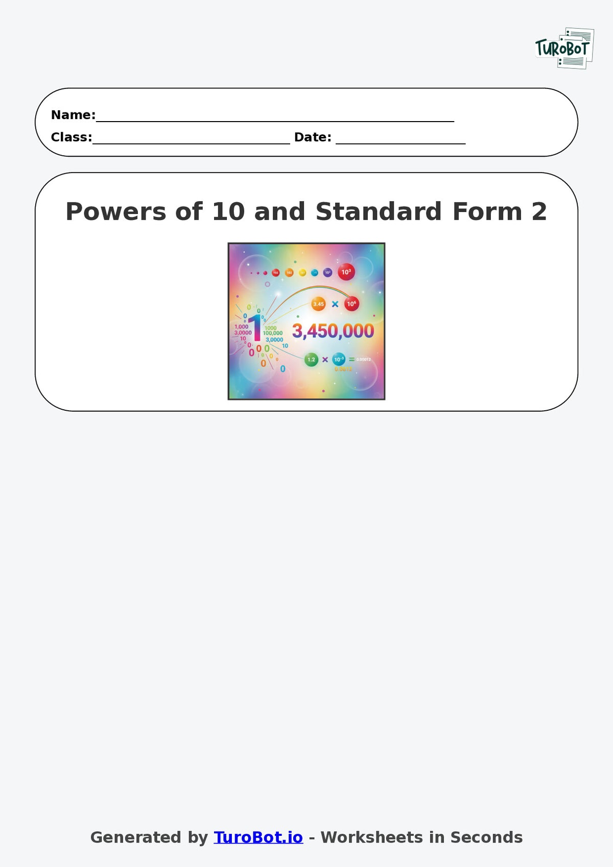 Year 6 Math Worksheet – Powers of 10 and Standard Form 2