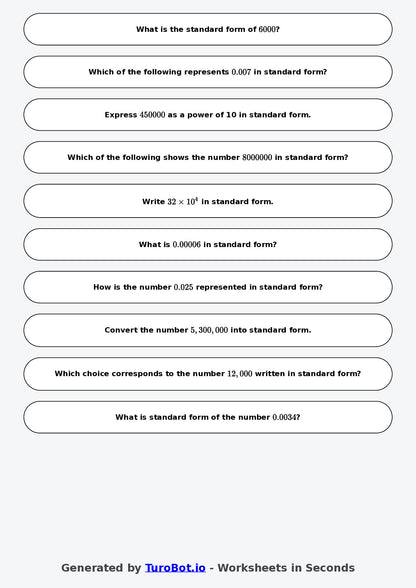 Year 6 Math Worksheet – Powers of 10 and Standard Form 2