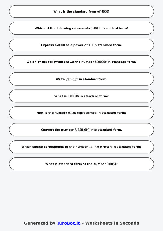 Year 6 Math Worksheet – Powers of 10 and Standard Form 2