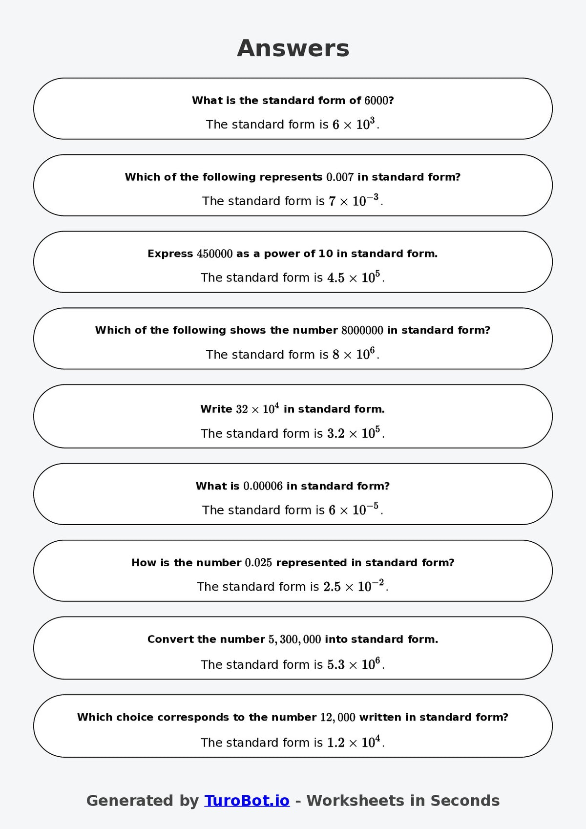 Year 6 Math Worksheet – Powers of 10 and Standard Form 2