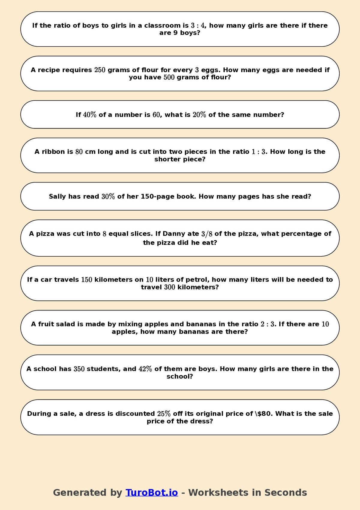 Year 6 Math Worksheet – Ratios and Percentages Links