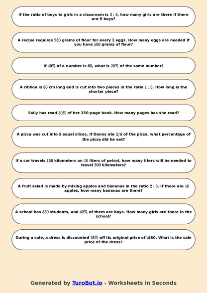 Year 6 Math Worksheet – Ratios and Percentages Links