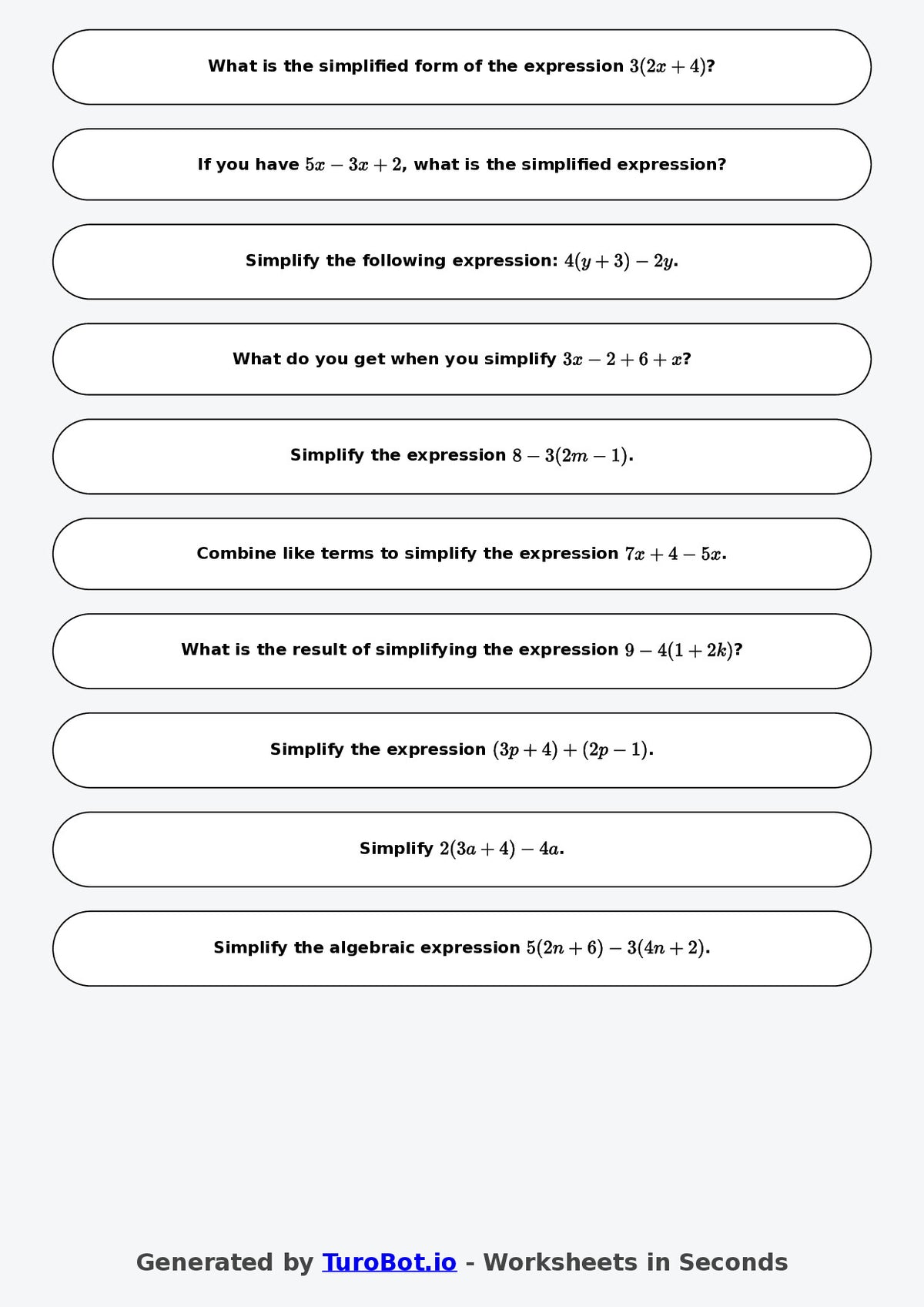 Year 8 Math Worksheet – Simplifying Expressions