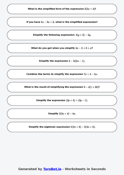 Year 8 Math Worksheet – Simplifying Expressions