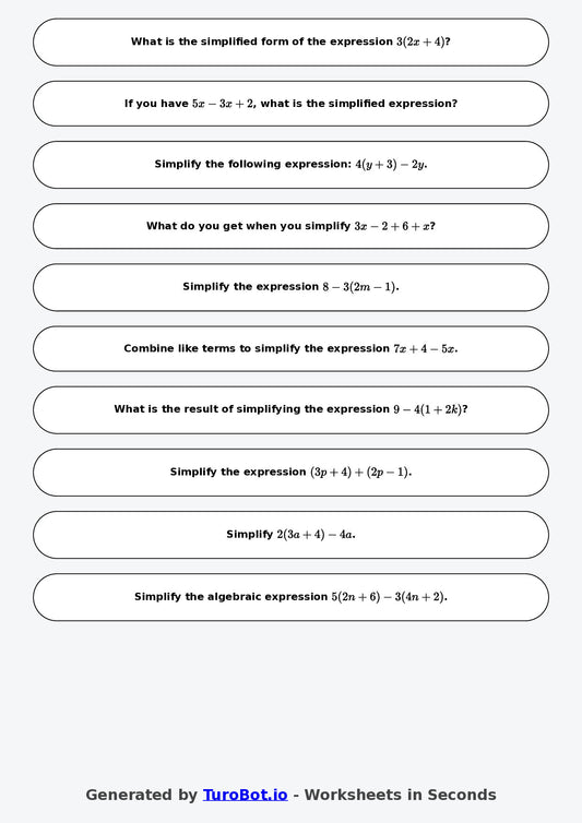 Year 8 Math Worksheet – Simplifying Expressions