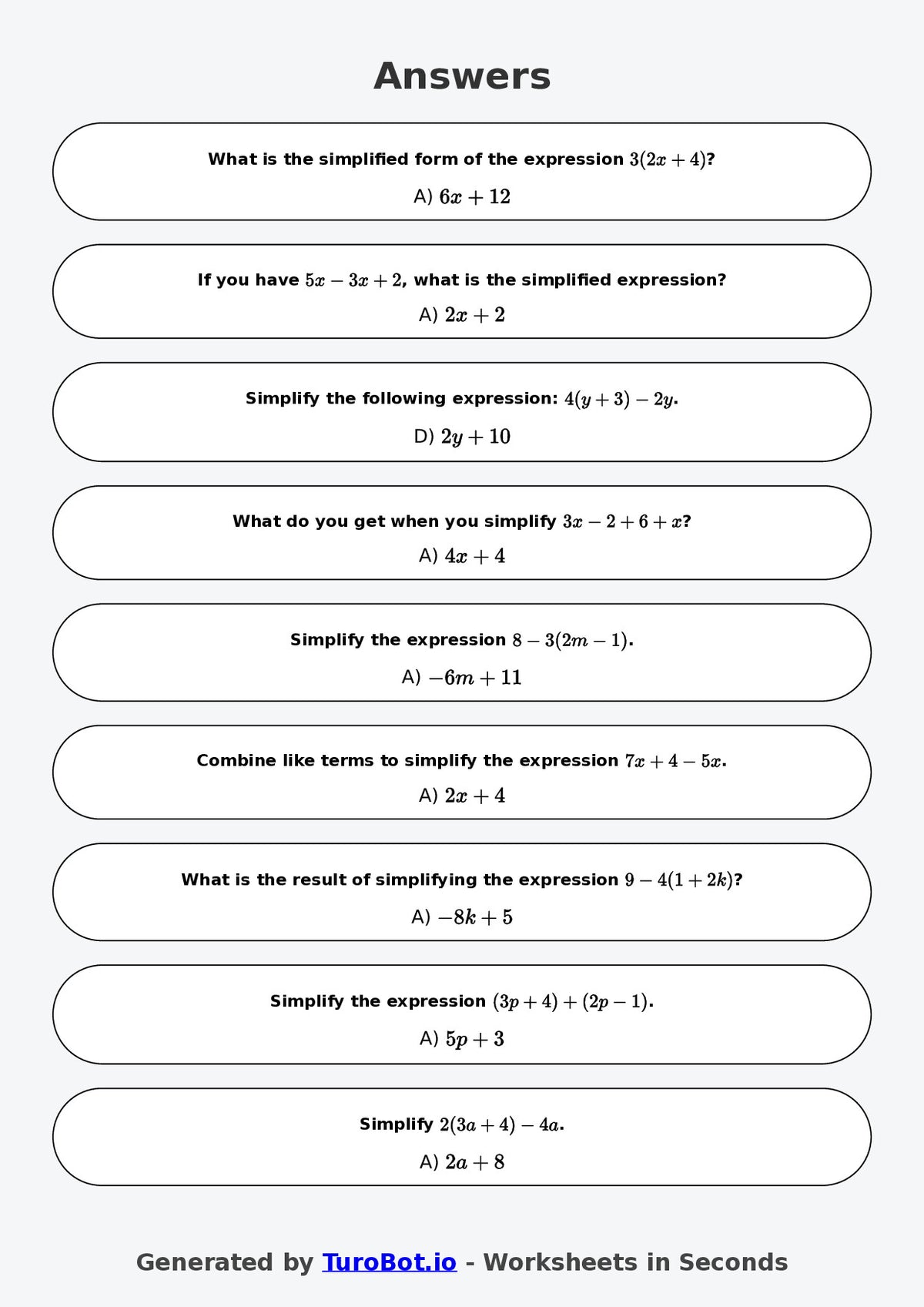 Year 8 Math Worksheet – Simplifying Expressions