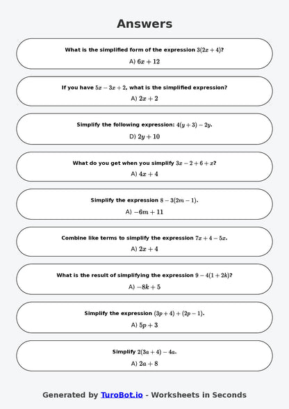 Year 8 Math Worksheet – Simplifying Expressions