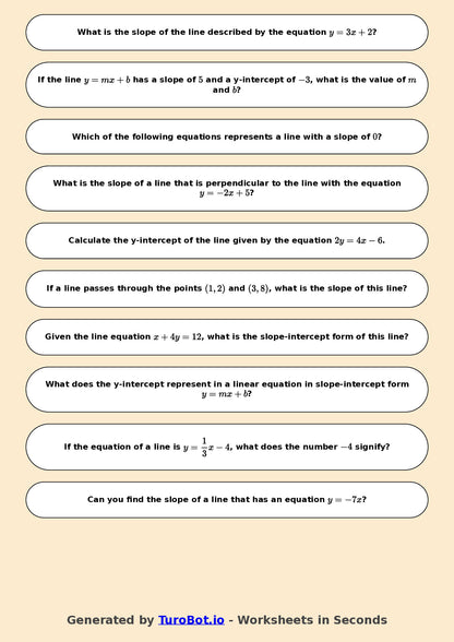 Year 8 Math Worksheet – Slope and Intercept Basics
