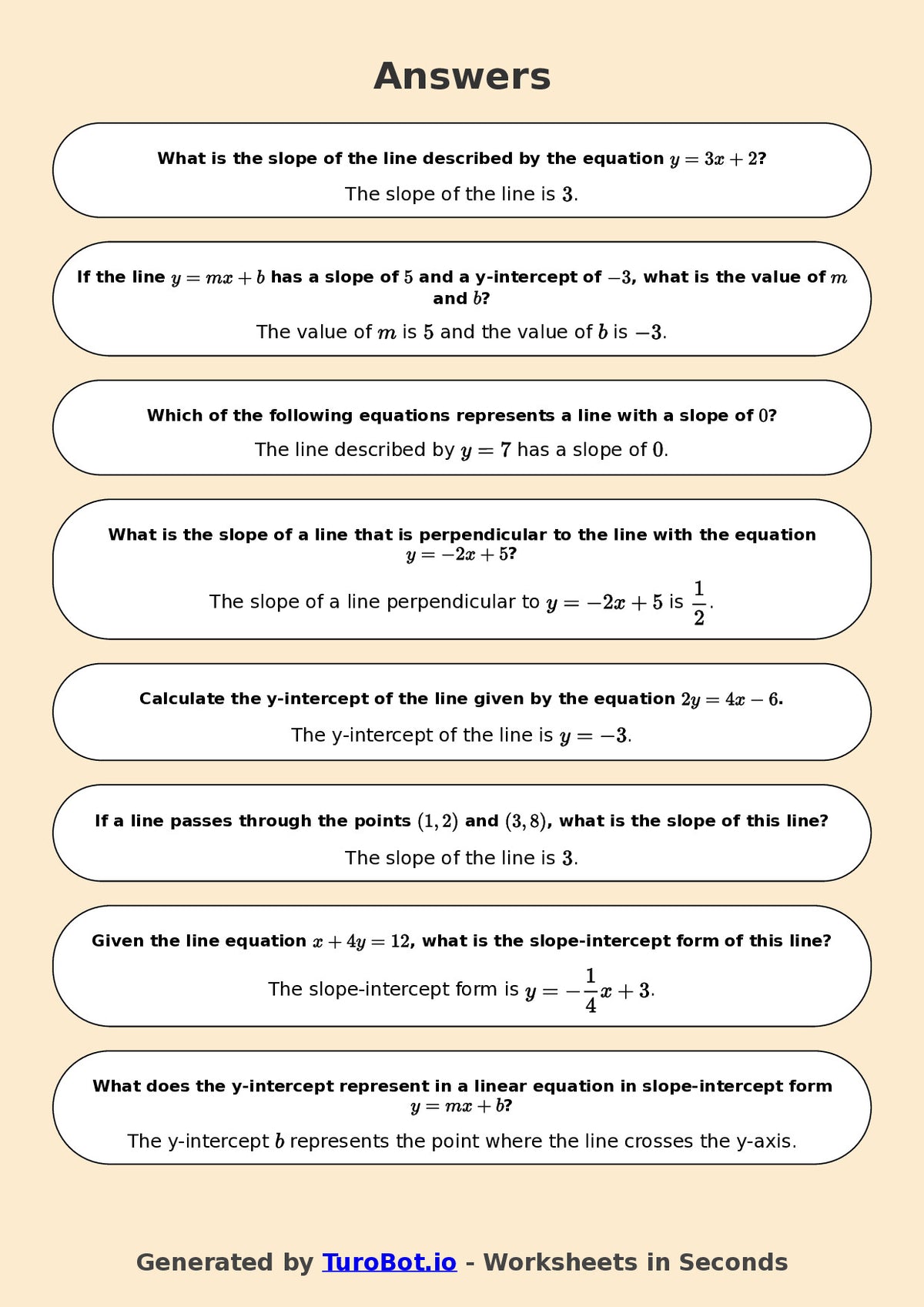 Year 8 Math Worksheet – Slope and Intercept Basics