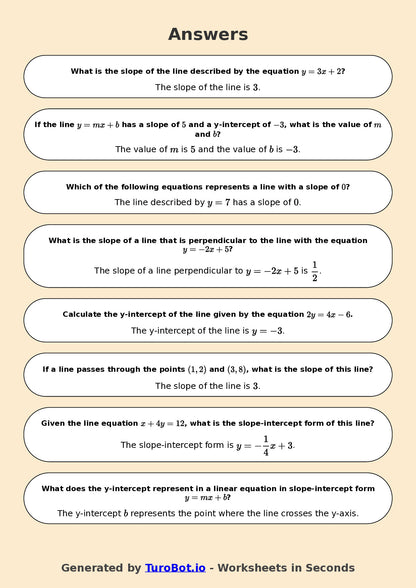 Year 8 Math Worksheet – Slope and Intercept Basics