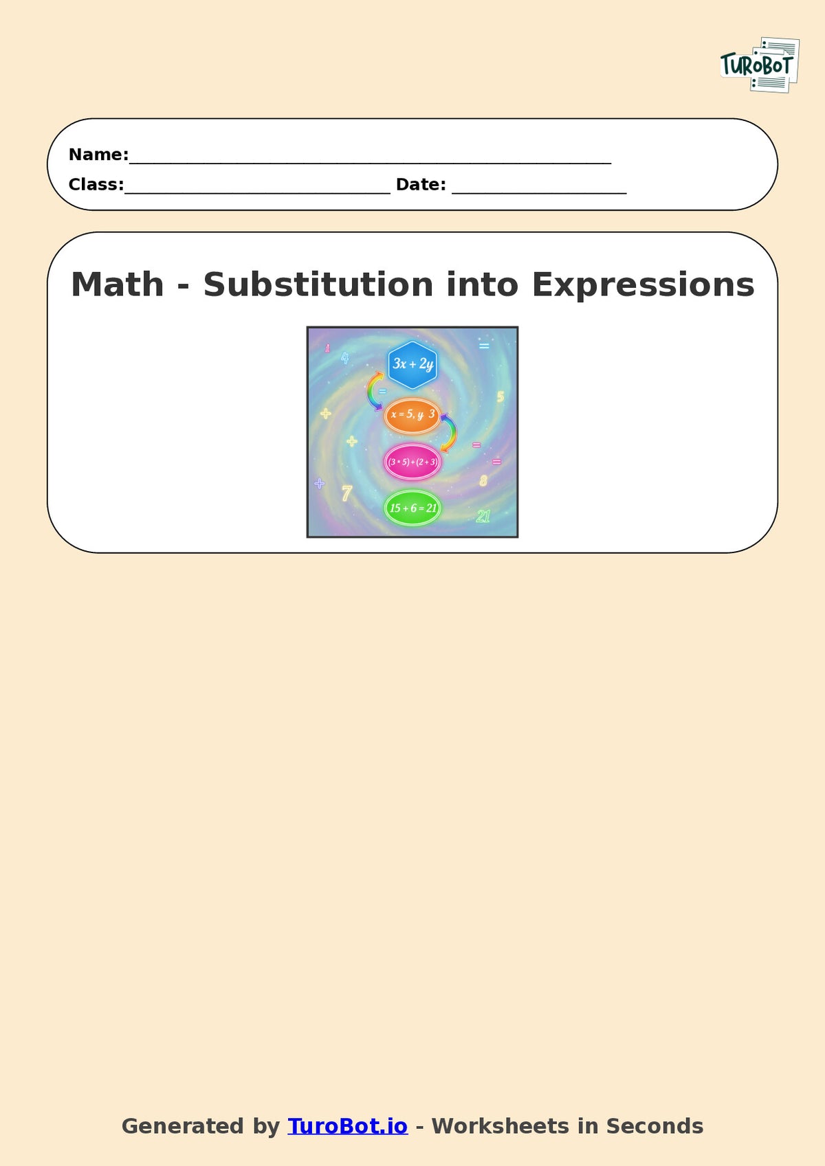 Year 6 Math Worksheet – Substitution into Expressions 2