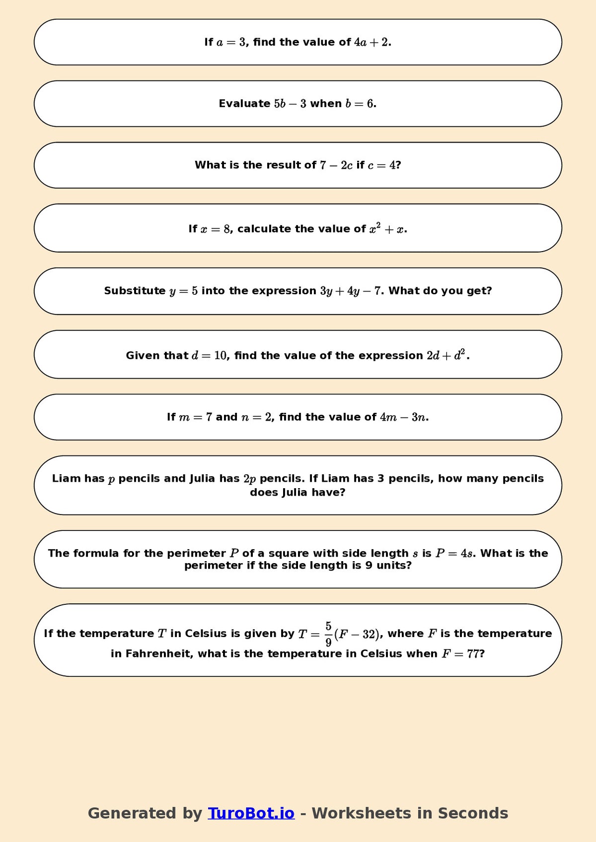 Year 6 Math Worksheet – Substitution into Expressions 2