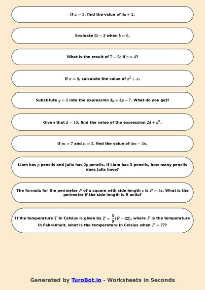 Year 6 Math Worksheet – Substitution into Expressions 2
