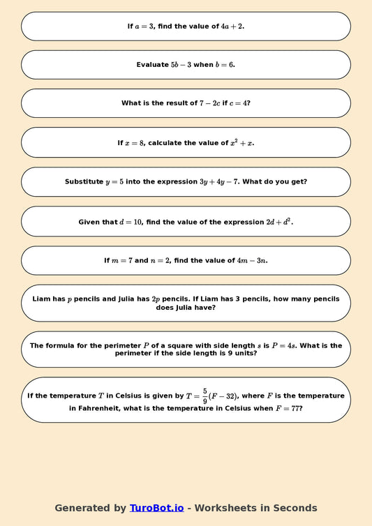 Year 6 Math Worksheet – Substitution into Expressions 2