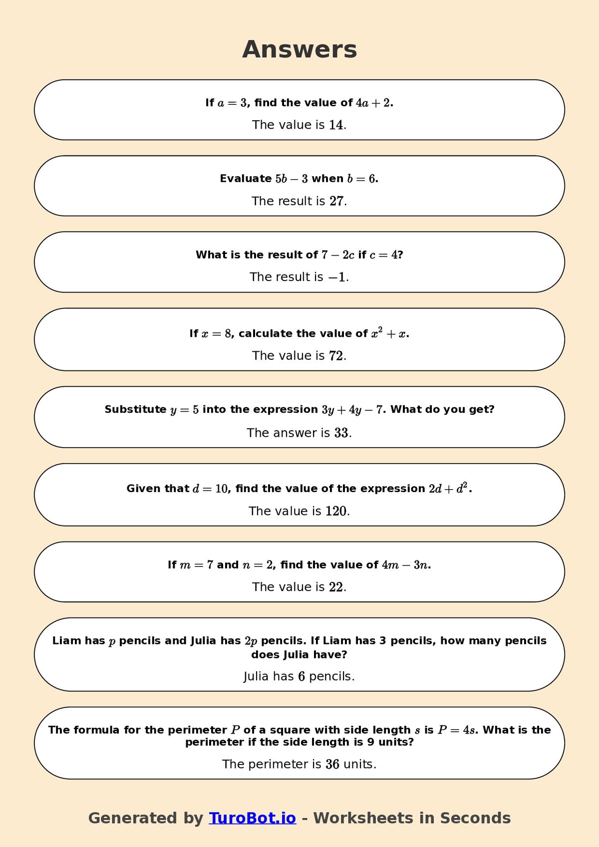 Year 6 Math Worksheet – Substitution into Expressions 2