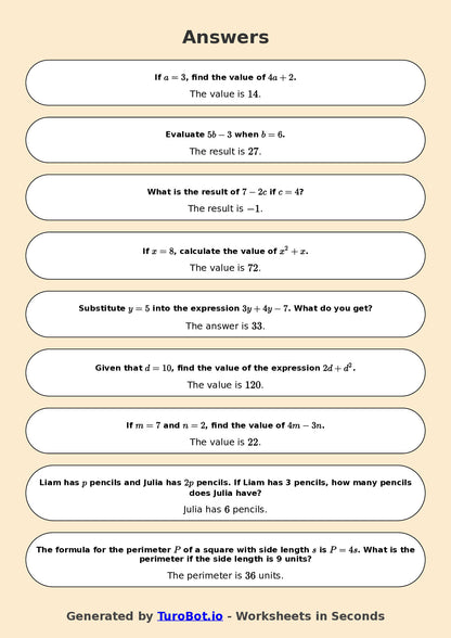 Year 6 Math Worksheet – Substitution into Expressions 2