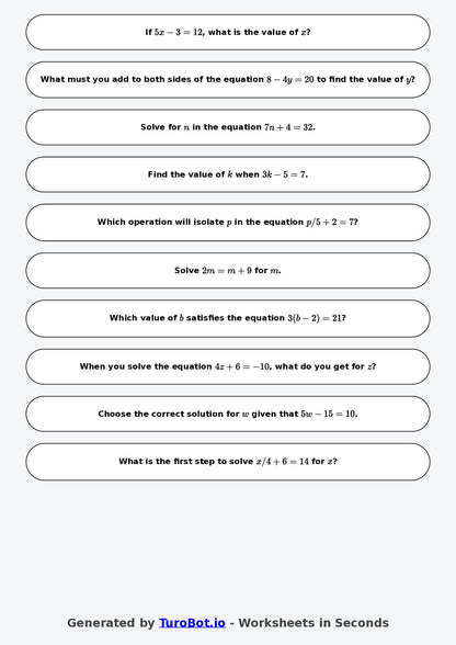 Year 8 Math Worksheet – Two-Step Equations