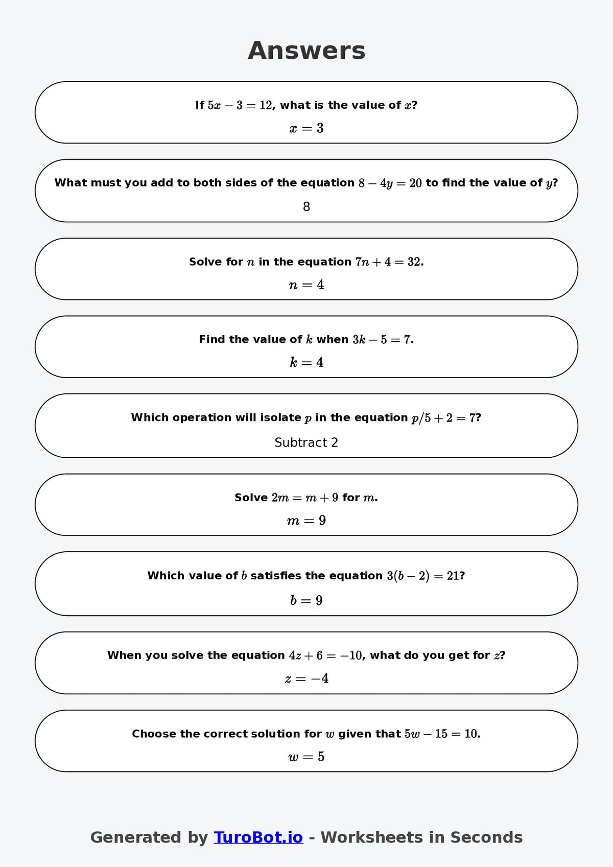 Year 8 Math Worksheet – Two-Step Equations