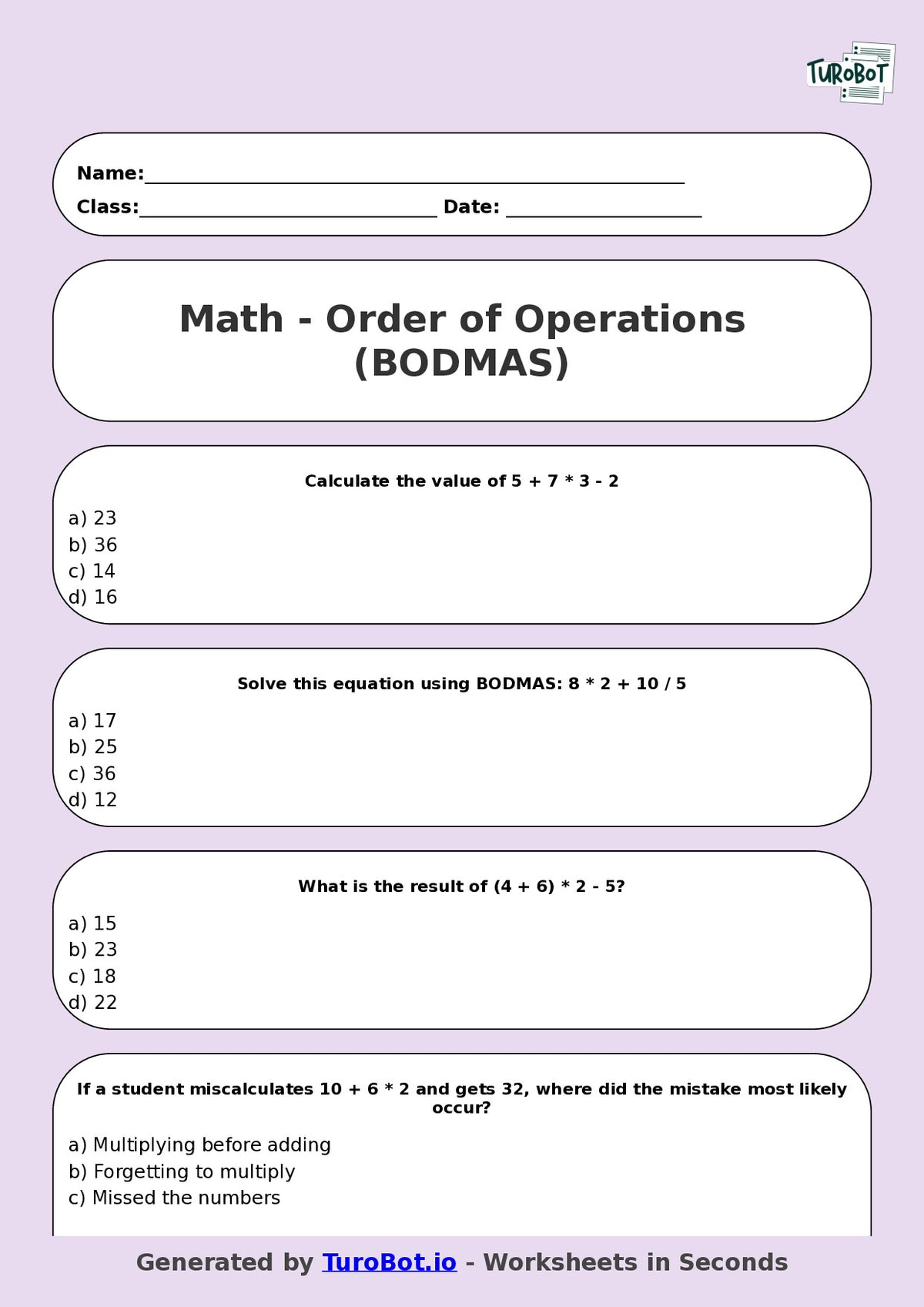 Math - Year 6 - Order of Operations