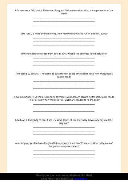 Free Worksheet - Year 6 Math Solving Real-World Measurement Problems Short Answer Response