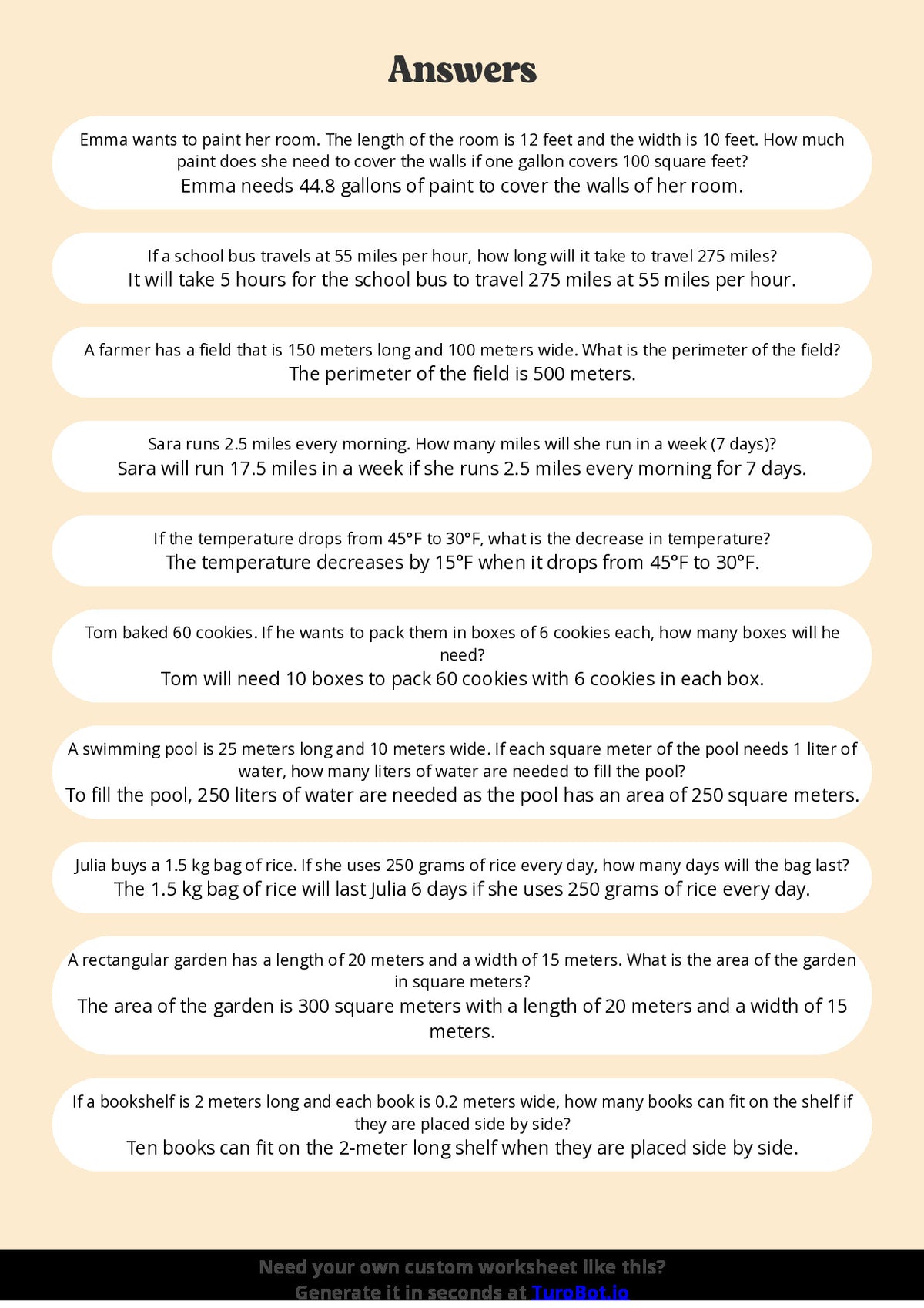 Free Worksheet - Year 6 Math Solving Real-World Measurement Problems Short Answer Response