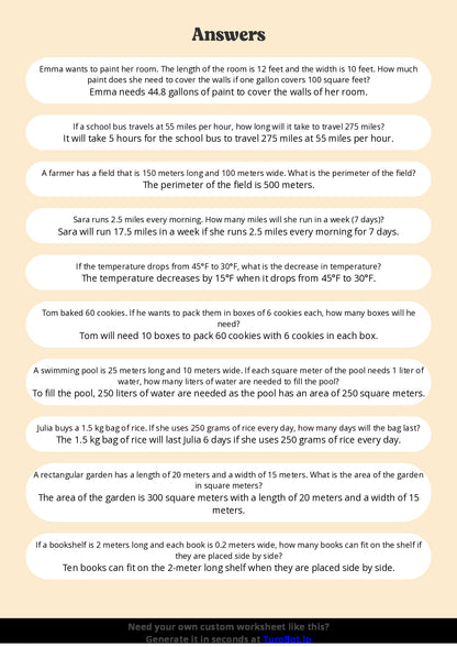 Free Worksheet - Year 6 Math Solving Real-World Measurement Problems Short Answer Response