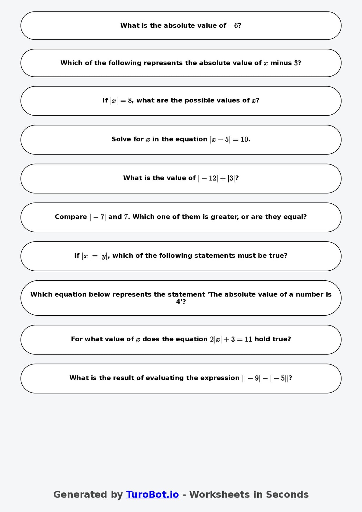 Year 7 Math Worksheet – Absolute Value Basics