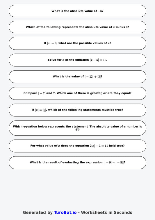 Year 7 Math Worksheet – Absolute Value Basics