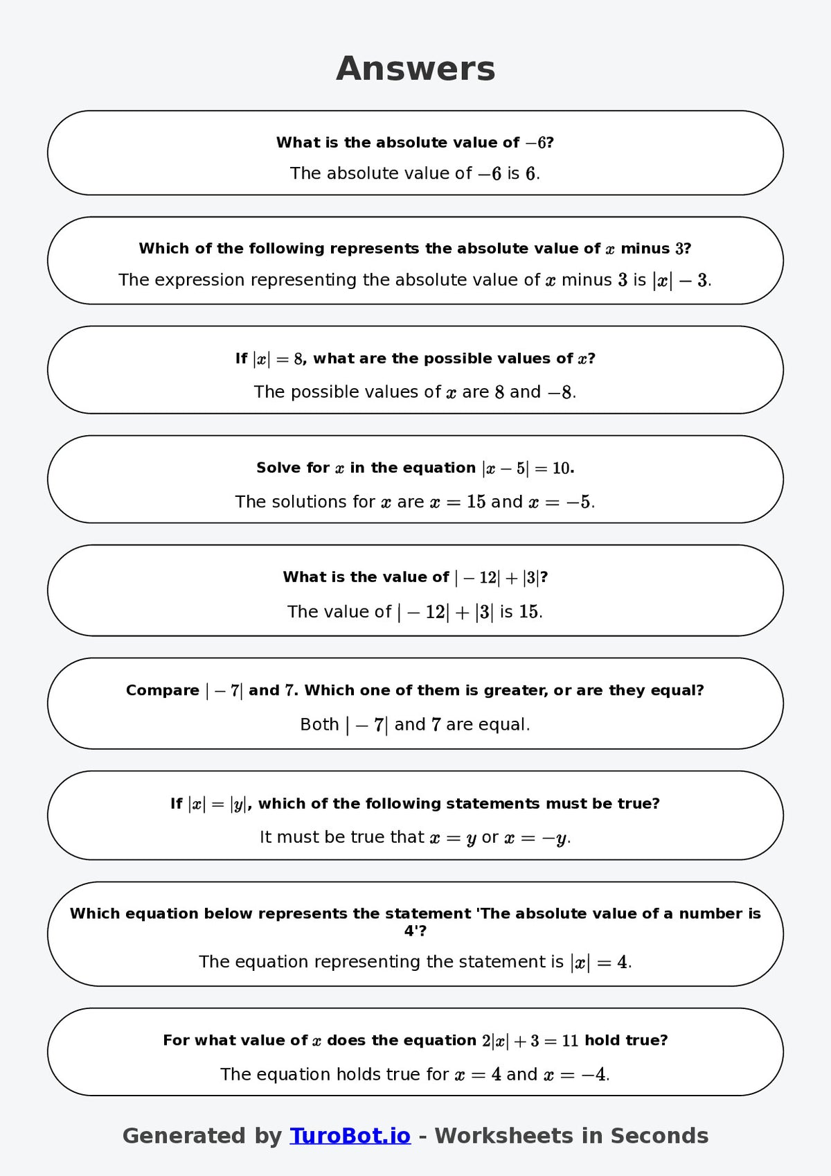 Year 7 Math Worksheet – Absolute Value Basics