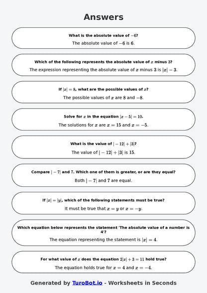 Year 7 Math Worksheet – Absolute Value Basics
