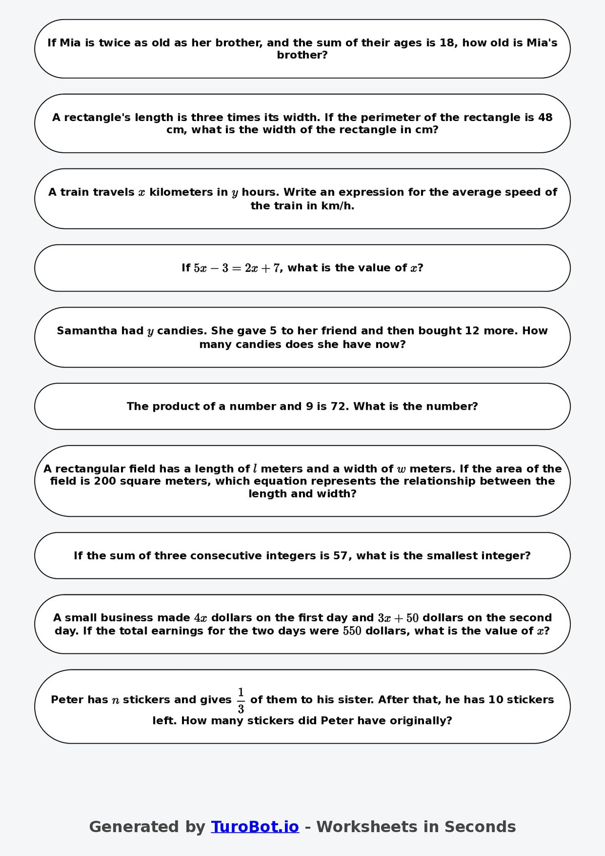 Year 7 Math Worksheet – Algebraic Word Problems