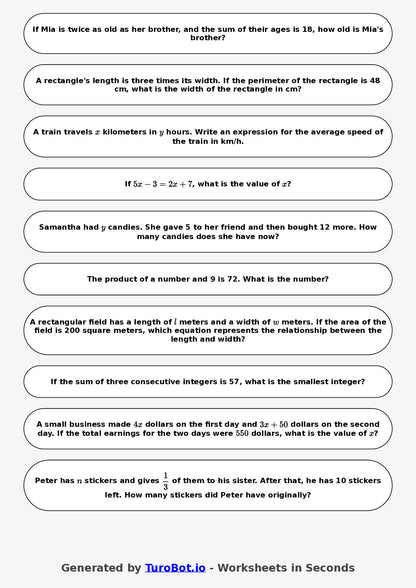 Year 7 Math Worksheet – Algebraic Word Problems
