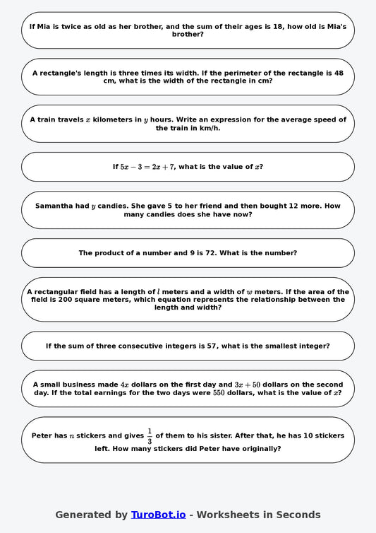 Year 7 Math Worksheet – Algebraic Word Problems