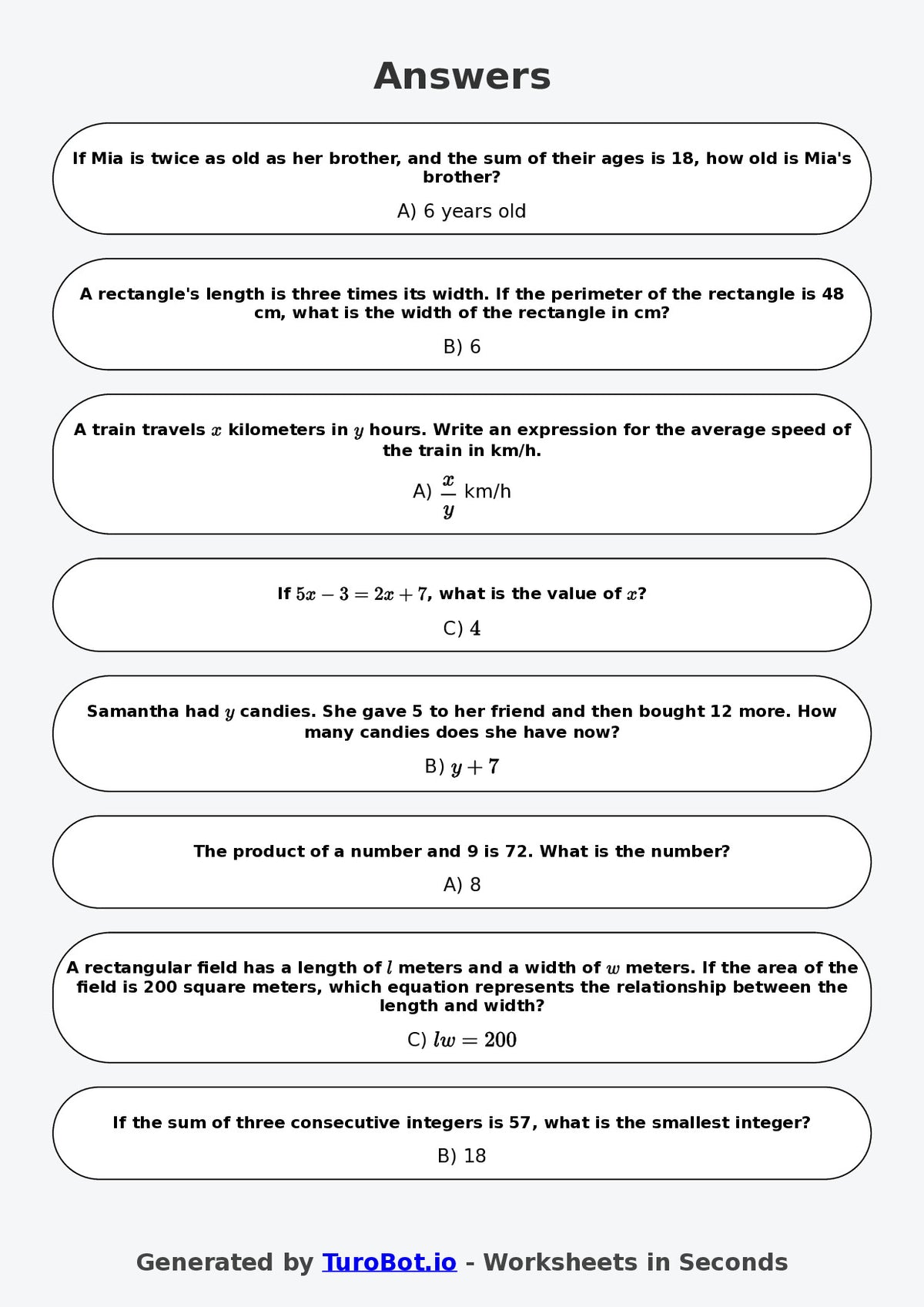 Year 7 Math Worksheet – Algebraic Word Problems