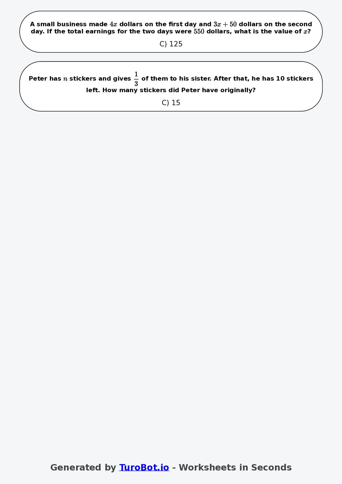 Year 7 Math Worksheet – Algebraic Word Problems