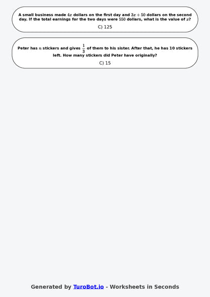 Year 7 Math Worksheet – Algebraic Word Problems
