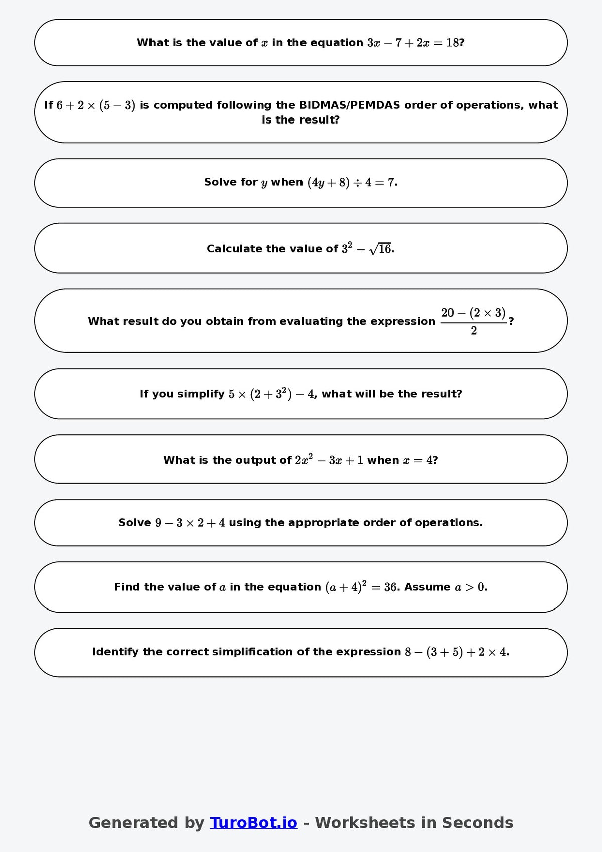 Year 7 Math Worksheet – BIDMAS PEMDAS Basics 2