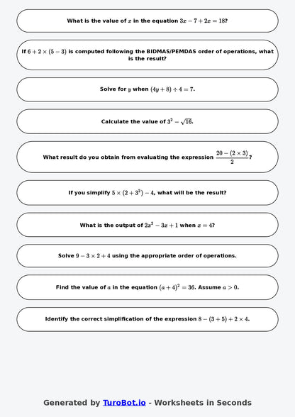 Year 7 Math Worksheet – BIDMAS PEMDAS Basics 2