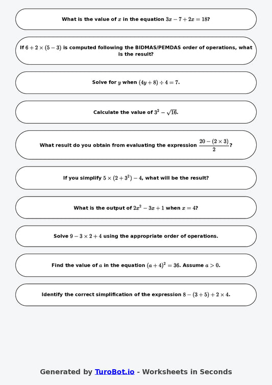 Year 7 Math Worksheet – BIDMAS PEMDAS Basics 2