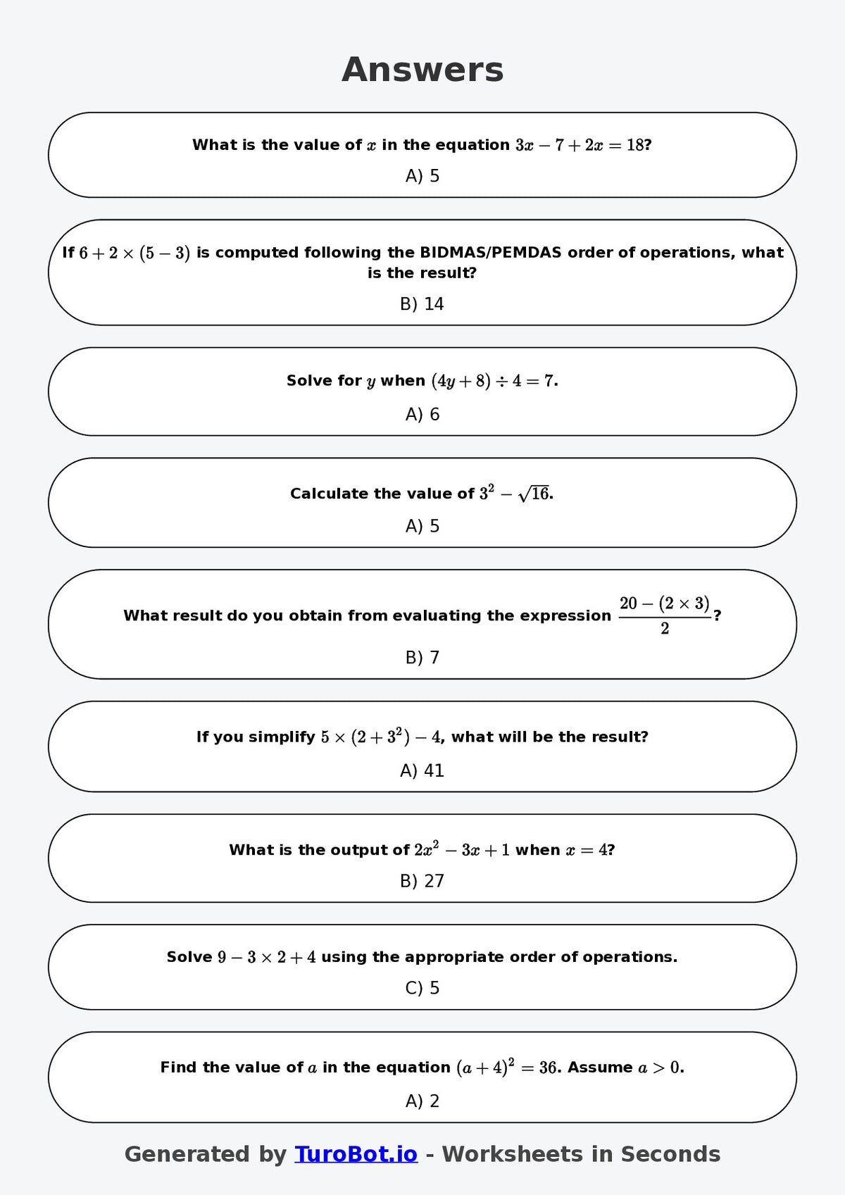 Year 7 Math Worksheet – BIDMAS PEMDAS Basics 2