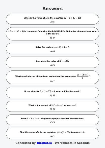Year 7 Math Worksheet – BIDMAS PEMDAS Basics 2