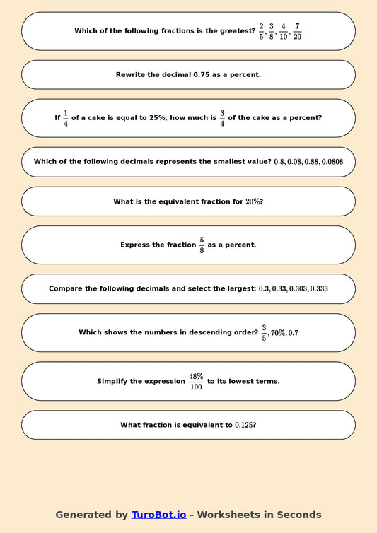 Year 7 Math Worksheet – Compare Fractions, Decimals and Percents 2