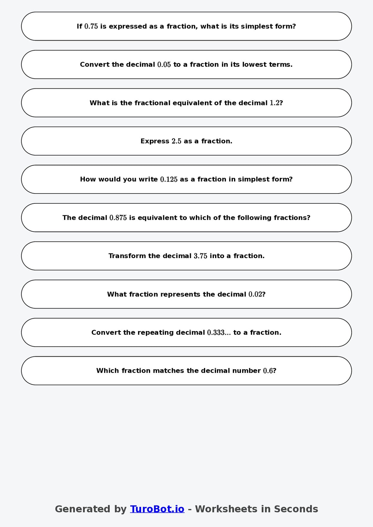 Year 7 Math Worksheet – Decimals to Fractions Basics