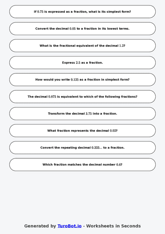 Year 7 Math Worksheet – Decimals to Fractions Basics