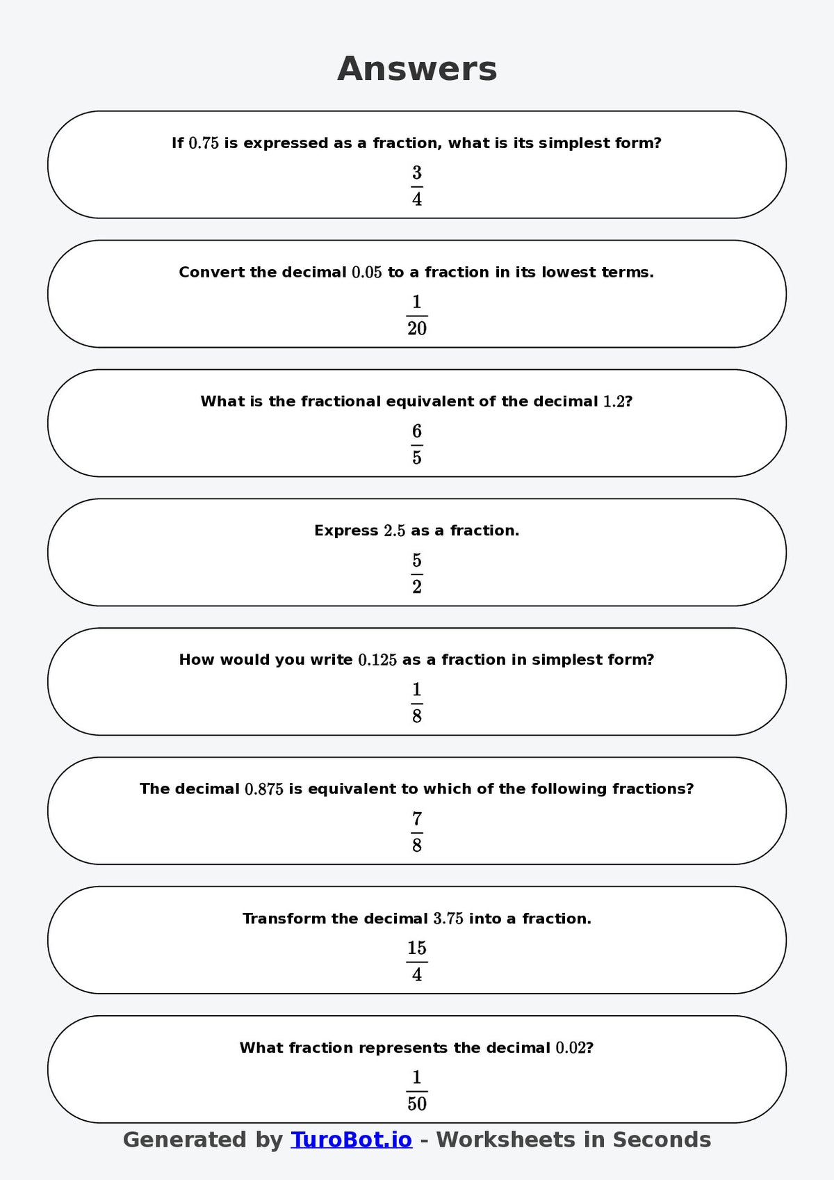 Year 7 Math Worksheet – Decimals to Fractions Basics