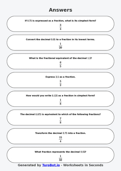 Year 7 Math Worksheet – Decimals to Fractions Basics
