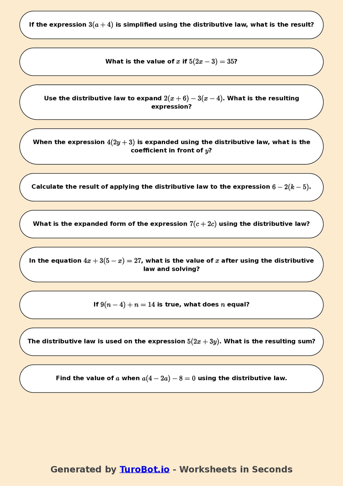 Year 7 Math Worksheet – Distributive Law Basics 2