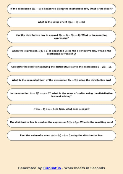 Year 7 Math Worksheet – Distributive Law Basics 2