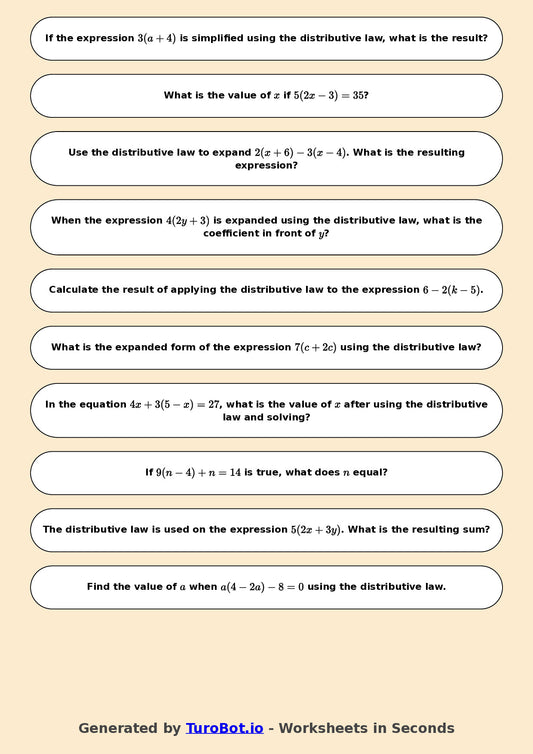 Year 7 Math Worksheet – Distributive Law Basics 2